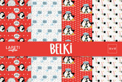 Winter penguin digital paper pack with cute penguins, igloos, and snowflakes in red, white, and blue colors from the Belki Collection.