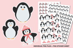 Adorable winter penguin sticker set with cute penguins wearing scarves, hats, and skates, perfect for planners, crafts, and scrapbooking.