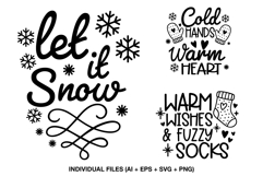 Set of 3 winter quote SVGs including Let It Snow, Warm Wishes &amp; Cold Hands Warm Heart. Perfect for Cricut, mugs, shirts &amp; cozy crafts.