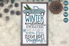 Winter Subway Word Art with a blue vintage truck shown on a white sign with a wooden frame
