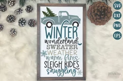 Winter Subway Word Art with a blue vintage truck shown on a white sign with a wooden frame