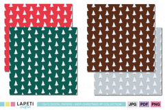 Coordinated winter tree digital papers in cozy holiday colors, ideal for Christmas crafts and scrapbooking.