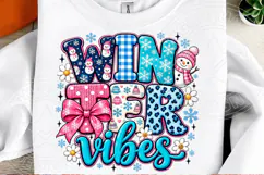 Winter Vibes Sublimation PNG, Cute Pink Bow and Blue Plaid S Product Image 2