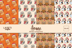 Four winter woodland animal digital papers featuring a cute fox with Santa hat, raccoon with cookie, owl with Christmas ornaments, and penguin hugging a snowball. Perfect for winter scrapbooking and crafts.