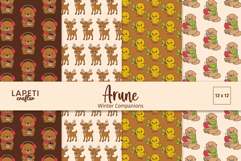 Set of winter woodland animal digital papers featuring a cozy bear with earmuffs, cute reindeer, yellow chick with holly leaves, and otter holding a mug. Perfect for Christmas crafts, scrapbooking, and printable projects.