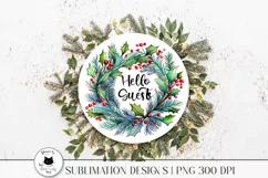 watercolor holly wreath saying welcome guests shown on a sign