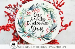 watercolor christmas wreath with a phrase shown on a round sign