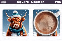 Highland Cow Square Coaster | Winter Cow Coaster PNG Product Image 1