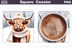 Highland Cow Square Coaster | Winter Cow Coaster PNG Product Image 1