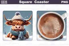 Highland Cow Square Coaster | Winter Cow Coaster PNG Product Image 1