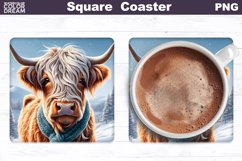 Highland Cow Square Coaster | Winter Cow Coaster PNG Product Image 1