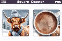 Highland Cow Square Coaster | Winter Cow Coaster PNG Product Image 1