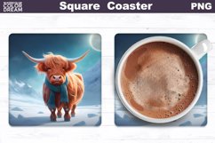 Highland Cow Square Coaster | Winter Cow Coaster PNG Product Image 1