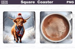 Highland Cow Square Coaster | Winter Cow Coaster PNG Product Image 1