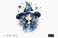 Blue Watercolor Witch Girl Clipart | Watercolor Halloween Product Image 1