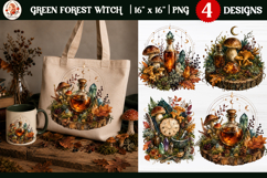 Green Forest Witch mystical autumn watercolor PNG Product Image 1