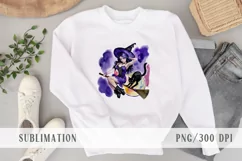 Cute watercolor witch and cat Halloween sublimation- 1 png Product Image 5