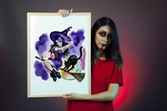 Cute watercolor witch and cat Halloween sublimation- 1 png Product Image 6