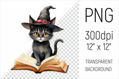 Witch Cat with Spell Book clipart. Perfect for Halloween crafts, sublimation, scrapbooking, stickers, and more.