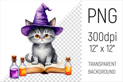 Witch Cat with Spell Book clipart. Perfect for Halloween crafts, sublimation, scrapbooking, stickers, and more.