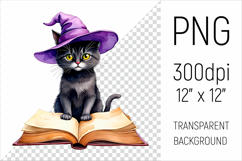 Witch Cat with Spell Book clipart. Perfect for Halloween crafts, sublimation, scrapbooking, stickers, and more.