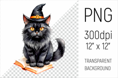 Witch Cat with Spell Book clipart. Perfect for Halloween crafts, sublimation, scrapbooking, stickers, and more.