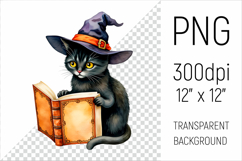 Witch Cat with Spell Book clipart. Perfect for Halloween crafts, sublimation, scrapbooking, stickers, and more.