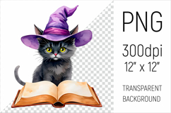 Witch Cat with Spell Book clipart. Perfect for Halloween crafts, sublimation, scrapbooking, stickers, and more.