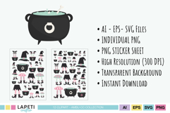 Pastel witch cauldron clipart with mint green potion and bone detail, shown with sticker sheets. High-resolution Halloween clipart.