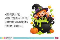 Kids Halloween witch PNG collection with colorful magical characters
