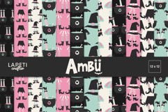 Set of pastel witch digital papers in pink, mint, and black with hats, cauldrons, and striped legs.