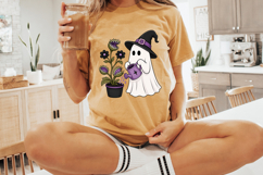 Plant lover Halloween graphic featuring a ghost gardener, purple watering can, carnivorous plant, and whimsical spooky aesthetic.