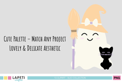 Witch ghost with black cat and broom, soft pastel Halloween clipart