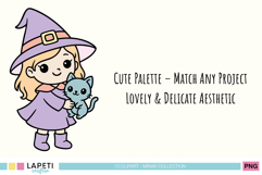 Witch girl hugging a blue cat, sweet kawaii Halloween clipart.
