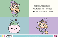 Sweet witch girl holding a jack o’ lantern pumpkin, pastel kawaii clipart.
