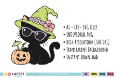 Adorable Halloween witch girl with purple hat, heart-shaped sunglasses and pumpkin bucket for children's party decorations.
