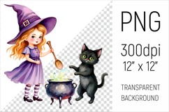 Witch Girl with Cauldron and Black Cat. Halloween Watercolor Clipart for invitations, sublimation, and Halloween crafts.