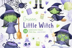 Green Little Witch Watercolor Halloween Clipart, Witch PNG Product Image 1