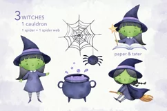 Green Little Witch Watercolor Halloween Clipart, Witch PNG Product Image 5