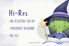 Green Little Witch Watercolor Halloween Clipart, Witch PNG Product Image 4