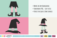 Set of pastel witch hats and legs in black, pink, and mint green. Halloween clipart shown on colored backgrounds for display.