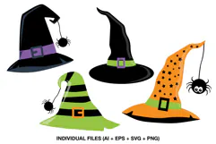 Four colorful witch hat cliparts for children’s Halloween party stationery and decorations