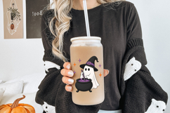 Ghost witch graphic perfect for Halloween shirts, tote bags, and stickers. Includes a smiling ghost character, potion cauldron, and whimsical star details.