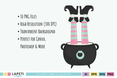 Witch legs sticking out of a cauldron with pink and mint striped stockings. Pastel Halloween clipart perfect for crafts and decor.
