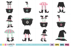 Halloween clipart grid showing witch legs, hats, and cauldrons in soft pastel pink and mint. Includes 12 cute witch-themed illustrations.