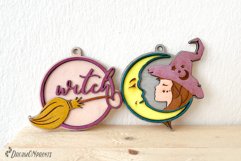 Witch ornament for laser cutting machines featuring the moon and a witch.