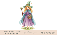 Cute Forest Witch with Owl - Watercolor Fantasy Clipart PNG Product Image 1