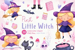 Pink Little Witch Watercolor Halloween Clipart, Witch PNG Product Image 1