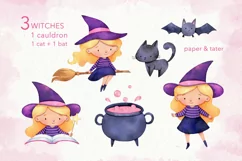 Pink Little Witch Watercolor Halloween Clipart, Witch PNG Product Image 2
