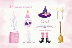 Pink Little Witch Watercolor Halloween Clipart, Witch PNG Product Image 5